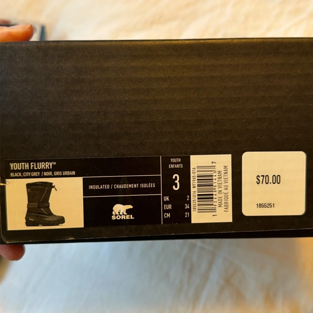 Sorel Youth Flurry Winter Snow Boots Black Size 3